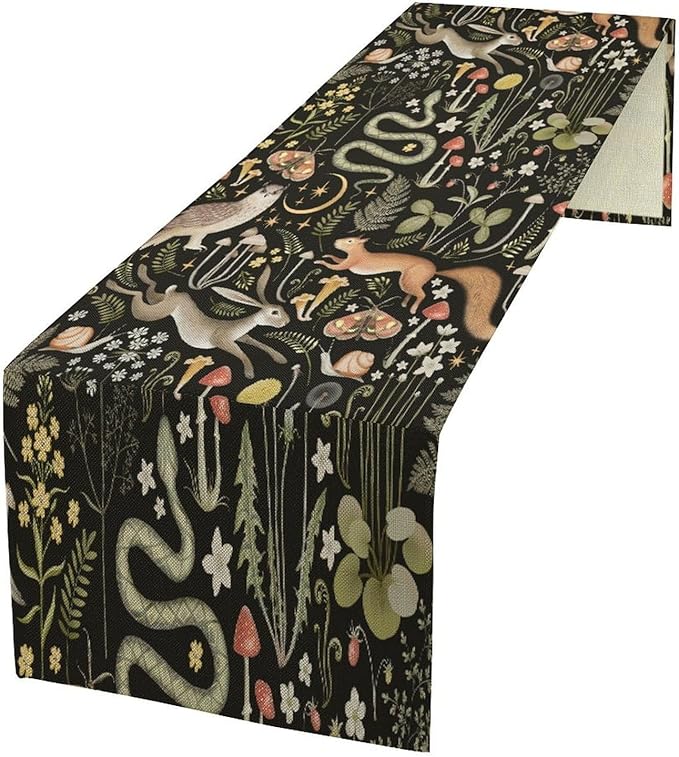 Mushroom Table Runner,Vintage Boho Forest Wild Animal Wildflower Botanical Plants Pattern Print Burlap Hotel Indoors Outdoor Dining Room Kitchen Holiday Party, 13x80in