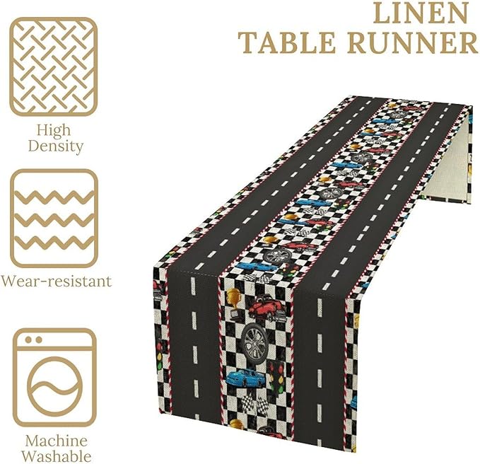 Race Car Table Runner,Checkered Flag Black and White Race Cars Pattern Print Tablecloth Burlap for Hotel Indoors Outdoor Dining Room Kitchen Home Decor,W13X L80 in