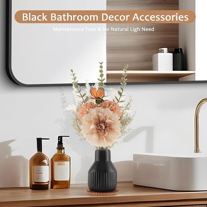 Small Fake Flowers in Vase 14" Centerpiece Table Decorations Silk Flowers Arrangements Ceramic Vase Dahlia Chrysanthemum Artificial Flowers Bouquet for Bathroom Dining Room Kitchen Wedding (Black)