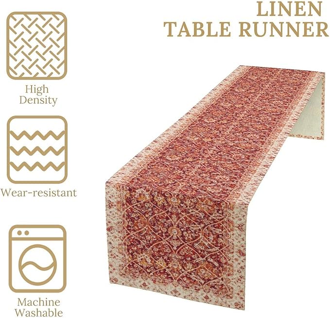 Boho Floral Vintage Table Runner, Retro Red Flower Rustic Country Farmhouse Abstract Pattern for Home Kitchen Table Decor Dining Coffee Room Party Decor 13x72in