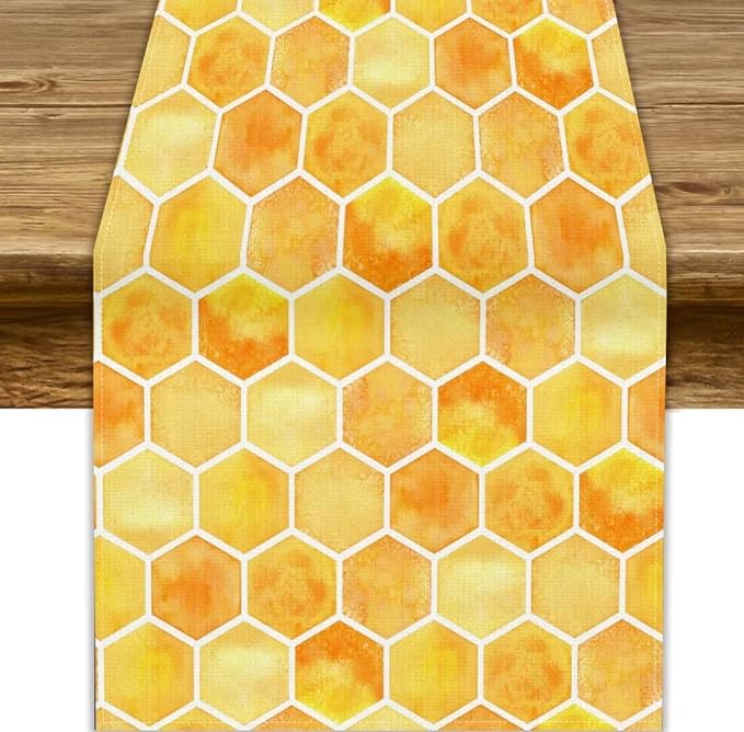 Honeycomb Bee Table Runner, Cute Abstract Geometric Yellow Honeycombs Print Table Cover for Kitchen Dining Table Indoor Outdoor Party Decor, 13x36inch