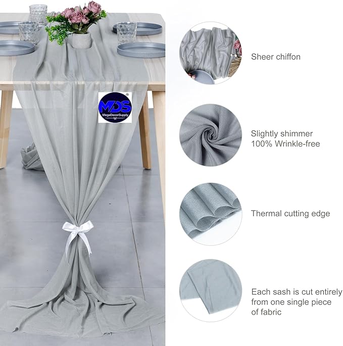 MDS Halloween Chiffon Table Runner - 10 Pack, 29 x 170 Inches, 14ft Each - Sheer Spooky Table Runners for Haunted House Parties, Trick-or-Treat Tables, Witchy Décor, Wedding & Events - Gray