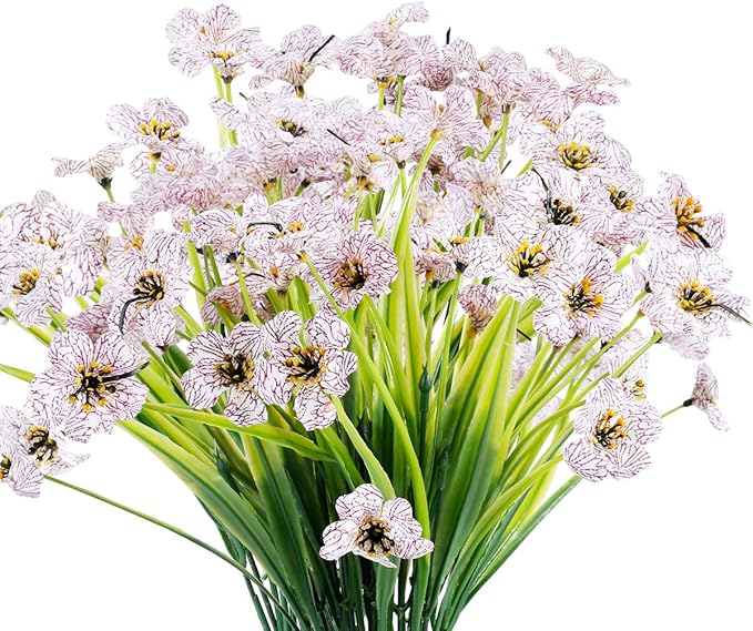 12 Bundles Artificial Flowers Outdoor UV Resistant Fake Flowers No Fade Plastic Plants Garden Porch Window Box Decorating (White)