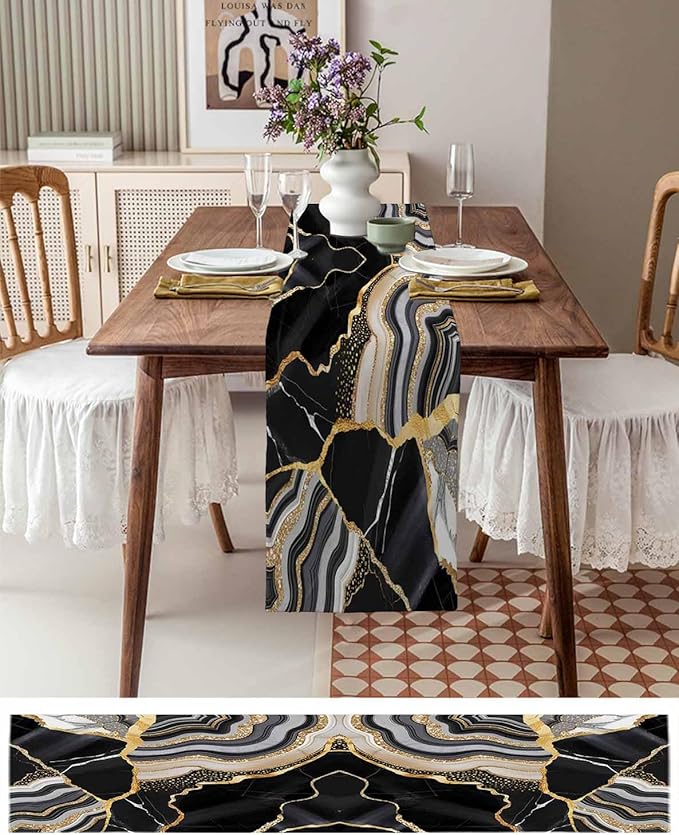Geometric Black Marble Cotton Linen Table Runner for Dining Kitchen, Wedding Outdoor Party Tablerunners Decoration, Farm Marble Liquid Ripple Abstract Dresser Scarf Coffee Tablecloth Runners 13''x60''