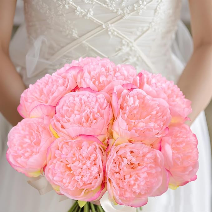 U'Artlines 2 Bouquet 10 Heads Artificial Peony Silk Flower Leaf Home Office Wedding Party Festival Bar Decor (Pink)