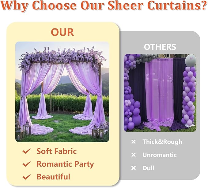 DUOBAO Lavender Chiffon Backdrop Curtain-2 Panels 29"x120" Wide 74cm by 300cm Length Sheer Wedding Backdrops Drapes Beach Curtains for Living Room Voile Window Drape Polyester Photography Background