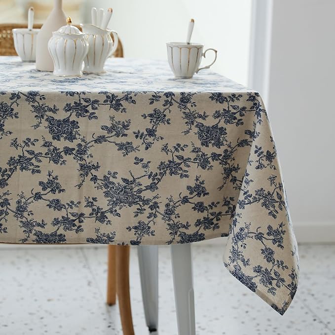 Pastoral Rectangle Tablecloth - 60 x 120 Inch - Beige Table Cloth - Washable Table Cover with Dust-Proof Wrinkle Resistant for Restaurant, Picnic, Indoor and Outdoor Dining, Floral (Dark Blue)
