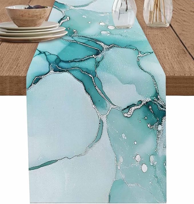 Turquoise Marble Cotton Linen Table Runner for Dining Kitchen, Wedding Outdoor Party Tablerunners Decoration, Nature Marble Crack Country Retro Dresser Scarf Coffee Tablecloth Runners 13x120 Inches