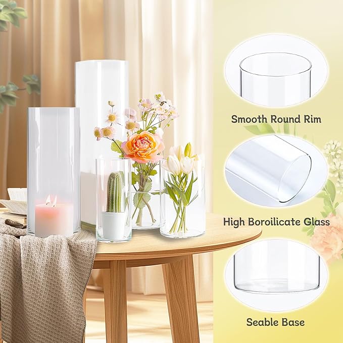 5pcs Glass Vase Cylinder Vases for Centerpieces Small Flower Glass Vases Home Decor Centerpiece Table Clear Flower Vase Decorations for Wedding＆Holiday 4,6,7.5,8,10 Inch Tall