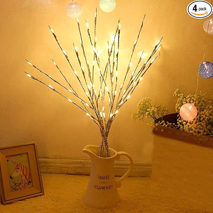 Lxcom Lighting LED Branch Lights 4 Pack 30 Inch Lighted Silver Wrapped Vase Filler Willow Lighted Twig Branch Battery Powered Twig Branches 20 LED Decorative Lights for Home Party Decor, Warm White