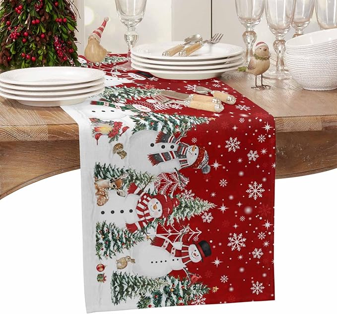 Christmas Snowman Cotton Linen Table Runner for Dining Kitchen, Xmas Tree White Snowflakes Winter Wedding Outdoor Party Tablerunners Decoration, Dresser Scarf Coffee Tablecloth Runners 13x70 Inches