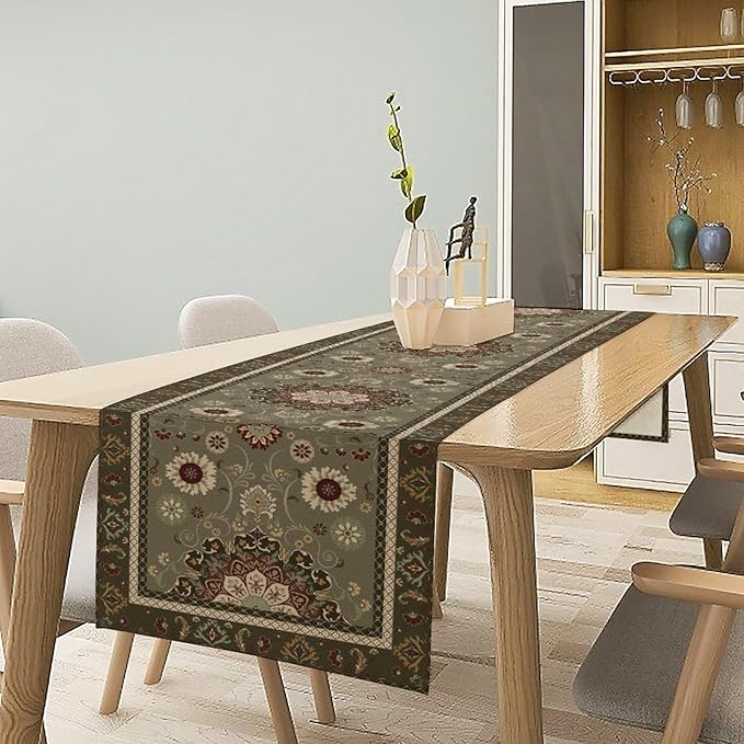 Vintage Paisley Floral Table Runner, Brown Boho Rustic Farmhouse Flower Pattern for Home Kitchen Table Decor Dining Coffee Room Party Decor 13x108in