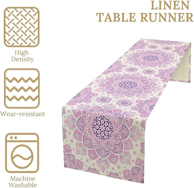 Purple Pink Mandala Table Runner, Traditional Indian Boho Mandala Flowers Print Table Runne for Kitchen Dining Table Office Wedding Party Holiday Home Decor, 13x70inch