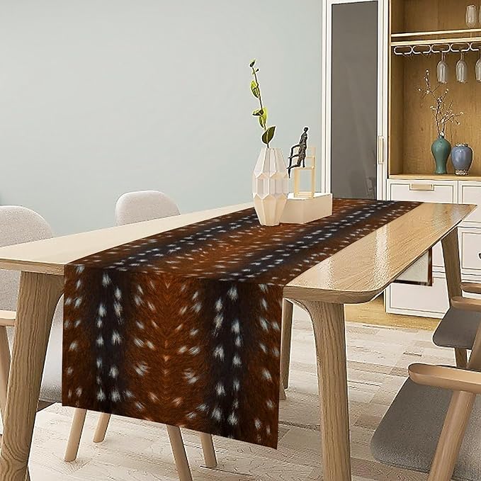 Deer Skin Table Runner Brown Fur Runner Black White Elk Deer Print Fur Western Print Cotton Linen Cottage Dinner Table Runners for Dining Room Kitchen Table Setting, 13x108 Inch