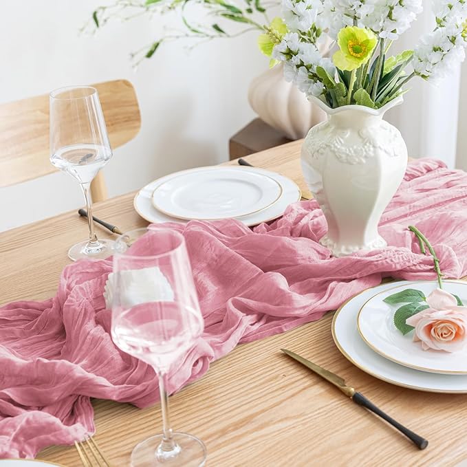 Asee'm 2pcs Cheesecloth Table Runner 120 Inches Long Pink Boho Gauze Cheese Cloth Runner 10FT Rustic Sheer Table Runners for Christmas Wedding Party Baby Shower Spring Easter Decoration