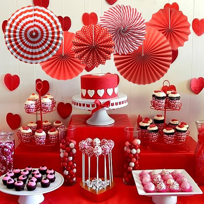 Party Hanging Paper Fans Set, Red Round Pattern Paper Garlands Decoration for Birthday Wedding Graduation Events Accessories, Set of 6
