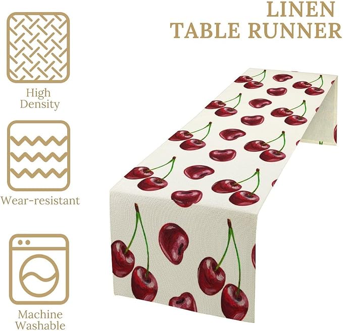 Red Cherry Table Runner Watercolor Spring Summer Wild Berry Tropical Fruit Theme Dinner Runner for Girl Baby Shower Party Holiday Home Kitchen Dining Table Decor 13x108