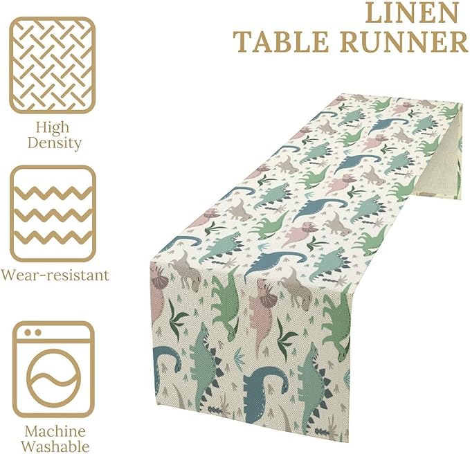Cartoon Dinosaur Table Runner,Kids Boys Cute Colorful Animal Dino Abstract Print Tablecloth Burlap for Hotel Indoors Outdoor Dining Room Kitchen Holiday Party, 13x36in
