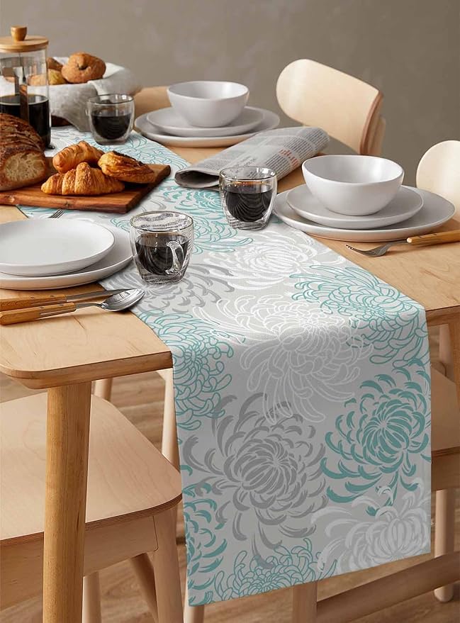 Auqa Chrysanthemum Cotton Linen Table Runner for Dining Kitchen, Wedding Outdoor Party Tablerunners Decoration, Farmhouse Floral Botanical Leaves Dresser Scarf Coffee Tablecloth Runners 13x120 Inches