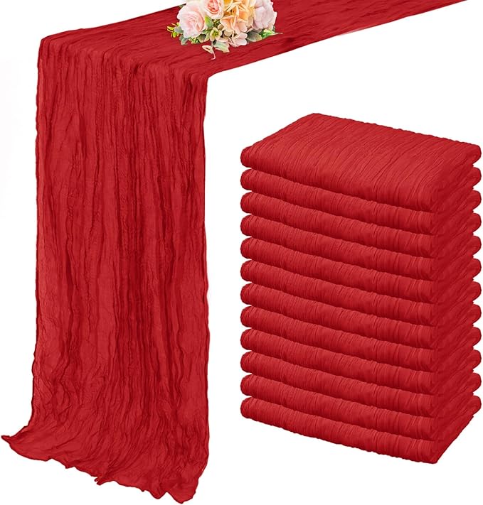 12 Pack Red 10FT Cheesecloth Table Runner Rustic Gauze Fabric Cheese Cloth Table Runner for Wedding Bridal Baby Shower Table Decor Boho Sheer Birthday Party Table Decorations 20 x 120 Inch Long