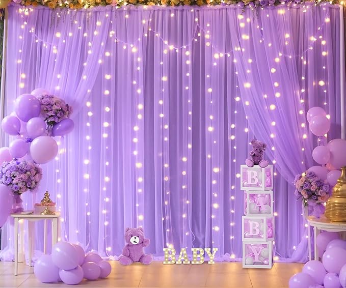 Lavender Tulle Photo Backdrop Curtain with Lights String for Parties Wedding Bridal Shower Sheer Lavender Curtain Backdrop for Birthday Party Baby Shower Photo Booth Photography 20ft x 10ft
