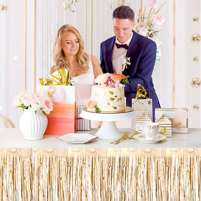 3 Pack 29 x108 Inch Champagne Gold Foil Fringe Table Skirts Metallic Banner for Tinsel Streamer Garland Backdrop for Parade Floats Mother's Day, Graduate, Birthday, Wedding Party Decoration