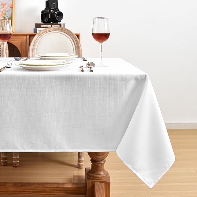 Fitable Faux Linen White Tablecloths for 6 Foot Rectangle Tables - 60 x 102 Inch - 6 Pack Fabric Textured Folding Table Clothes Faux Burlap Table Covers for Wedding, Party, Banquet, Birthday