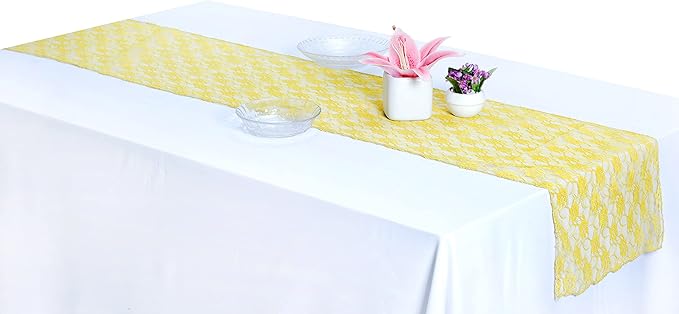 MDS Pack of 25Wedding 12 x 108 inches Lace Table Runner for Wedding, Decorations for Birthday Parties, Banquets, Graduations, Engagements, and Runners fit Rectangle, Round Table- Yellow