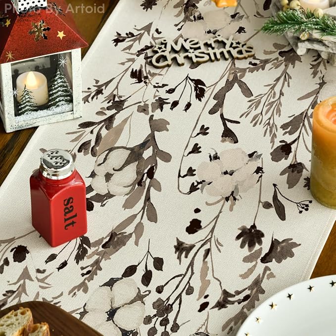 Artoid Mode Leaves and Flowers Cotton 210 GSM Winter Table Runner, Seasonal Christmas Kitchen Dining Table Decoration for Home Party Decor 13x120 Inch