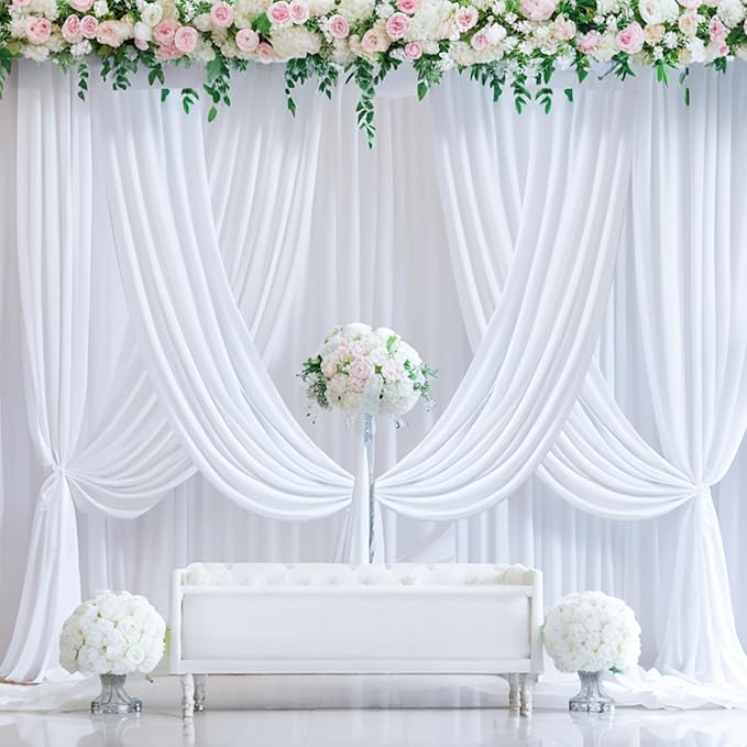 60ft x 15ft White Wrinkle Free Backdrop Curtains for Parties,Silky Polyester Fabric Wedding Ceiling Drapes, 12 Panels 15ft Photo Back Drop Drapes for Baby Shower Photography Stage Background Cloth