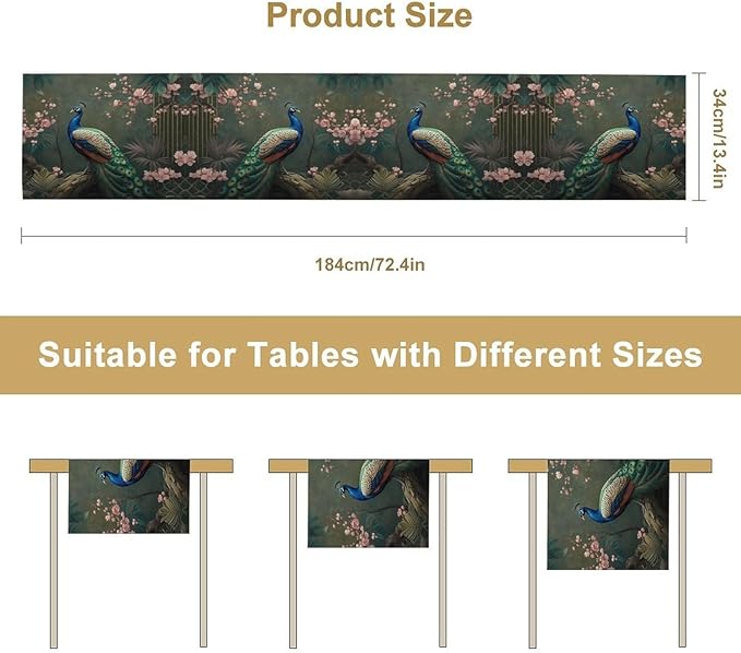 Peacock Table Runner,Vintage Aesthetic Peacock Birds Table Runner for Home Kitchen Dining Party Indoor Outdoor Decoration 13x108 Inch