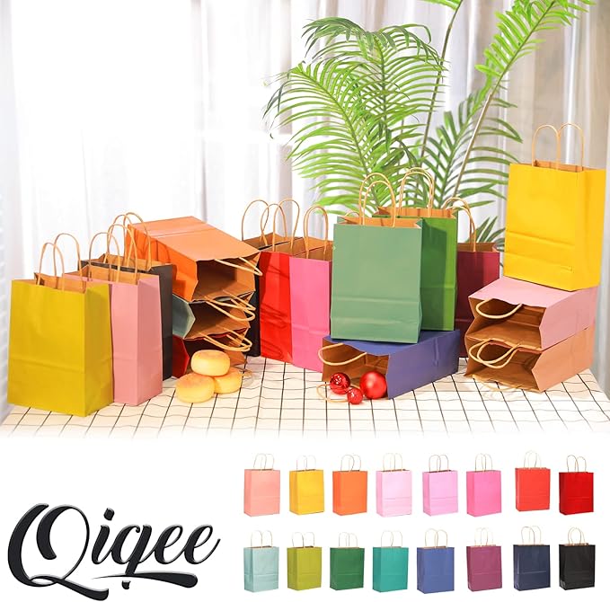 qiqee Medium Size Paper Gift Bags With Handles 10.6"x8.3"x4.3" 16 Solid Colors Party Favor Bags（16-Packs）