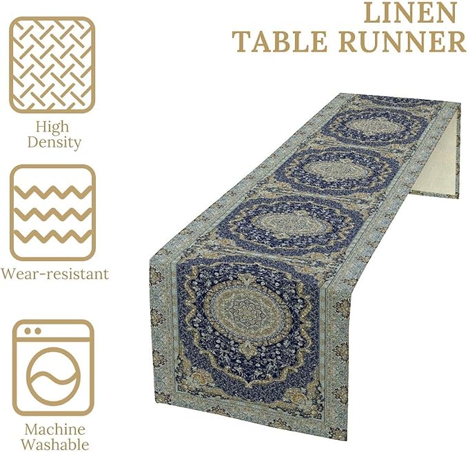 Boho Bohemia Style Blue Teal Table Runner, Country Rustic Farmhouse Magical Abstract Print Pattern for Home Kitchen Table Decor Dining Coffee Room Garden Party Decor 13x108in