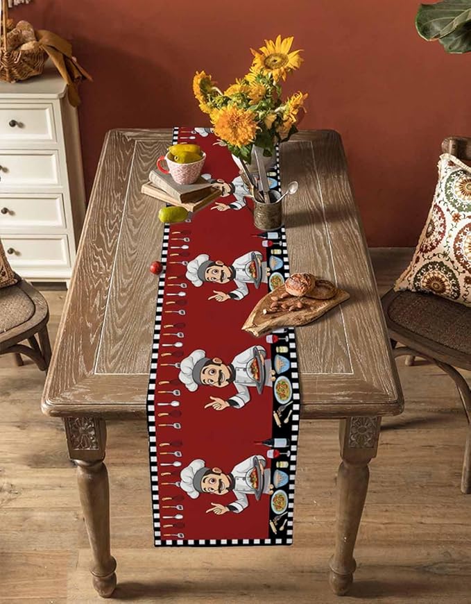 Red Chef Gourmet Cotton Linen Table Runner for Dining Kitchen, Wedding Outdoor Party Tablerunners Decoration, Black White Check Plaid Funny Kitchen Dresser Scarf Coffee Tablecloth Runners 13''x108''