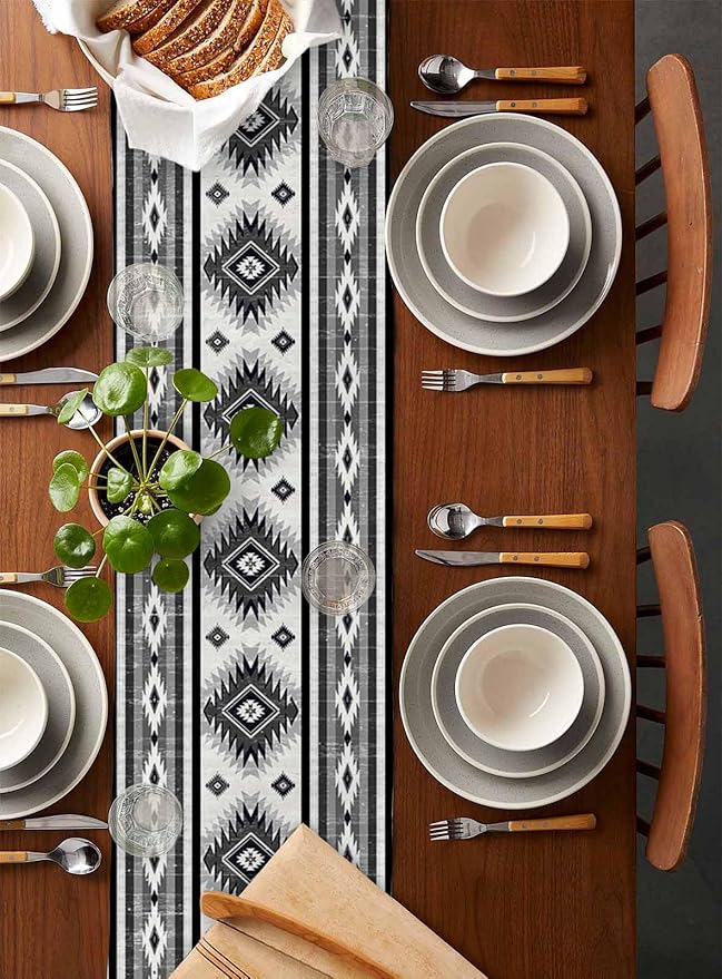 Aztec Southwest Cotton Linen Table Runner for Dining Kitchen, Wedding Outdoor Party Tablerunners Decoration, Boho Ethnic Tribes Vintage Grey Dresser Scarf Coffee Tablecloth Runners 13x60 Inches