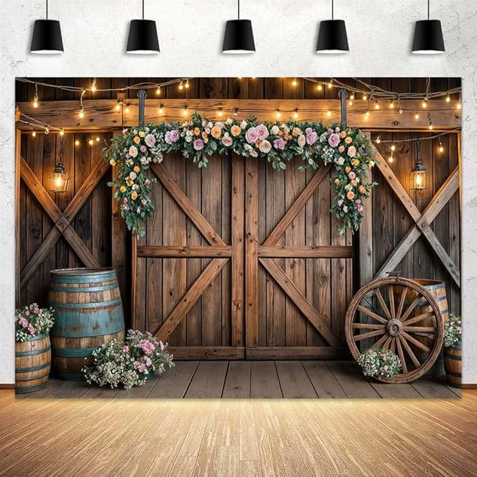 7x5ft Country Wedding Photography Backdrop Rustic Barn Door Photography Backdrop Farmhouse Pink Flower Cabin Wooden Birthday Baby Shower Wedding Bridal Party Banner Photo Booth Props Background