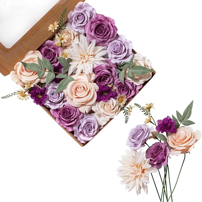 FANKO Rose Artificial Flowers Combo for DIY, Fake Purple Rose Artificial Silk Flowers with Greenery, Real Looking Artificial Faux Flowers for Wedding, Table Decoration, Centerpieces, Party, Home Décor