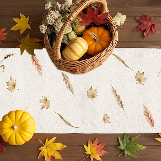 Fall Thanksgiving Cotton Linen Table Runner for Dining Kitchen, Orange Pumpkins Outdoor Party Autumn Tablerunners Decoration Rustic Wheat Leaves Dresser Scarf Coffee Tablecloth Runners 13x120 Inches