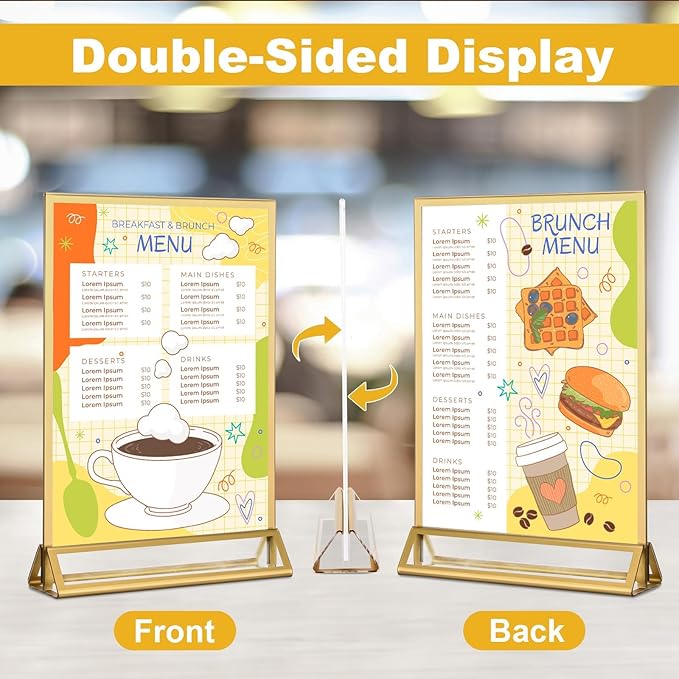 EHWINE 6 Pack Acrylic Sign Holder 5.5 x 8.5, Double Sided Gold Picture Frame Stand up Table Top Sign Holders, Clear Display Stand Menu Flyer Holder for Wedding Party