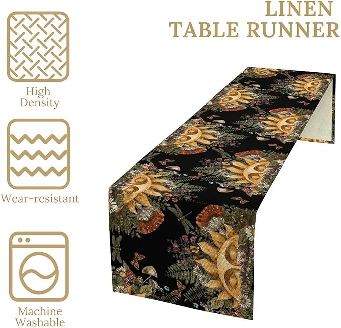 Sun Moon Table Runner, Bohomian Mushroom Daisy Table Gothic Dragonly Butterfly Table Center Decor Table Runner for Indoor Outdoor Party Kitchen Dinner Black, 13x120 Inch