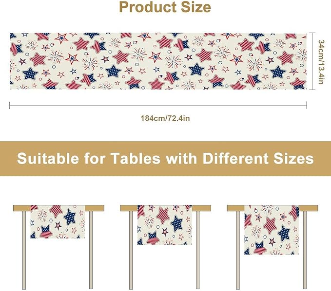 4th of July Table Runner, American Patriotic Independence Day Red Blue White Stars Stripes Fireworks Print Table Runner for Home Party Decor Kitchen Dining Table, 13x120inch