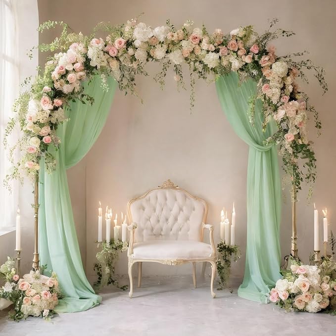 DUOBAO Sage Green Chiffon Backdrop Curtains 96 inches Long 2 Panels Set for Parties Bedroom Living Room, Soft Fabric Drapes Semi Sheer Curtain Dark Green Photo Background