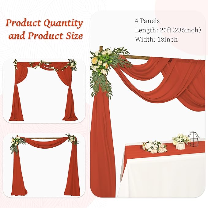 4 Panels Wedding Arch Draping Fabric 28" x20Ft Chiffon Wedding Arch Drapes Chiffon Fabric Drape Sheer Backdrop Curtain for Weddings Party Ceremony Birthday Reception Backdrop Ceiling Décor(Terracotta)