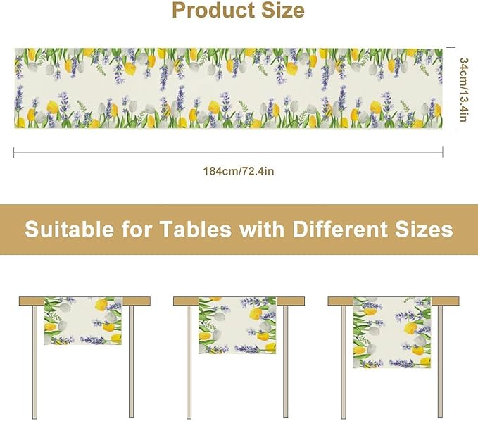 Floral Tulip Lavender Table Runner, Spring Watercolor Flower Plants Nature Butterfly Table Runner for Kitchen Dinner Living Room Home Party, 13x120 Inch
