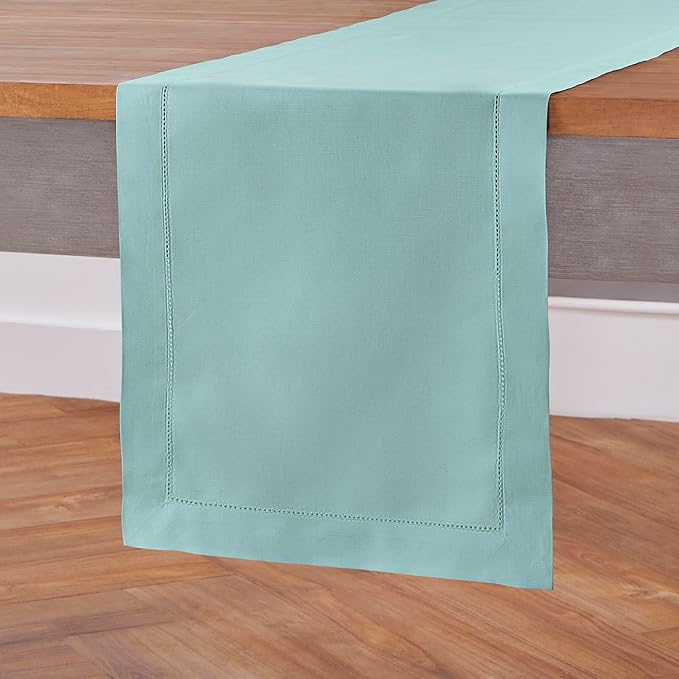 Solino Home Cotton Linen Table Runner 90 Inches Long - Hemstitch Pastel Turquoise Dining Table Runner 14 x 90 Inch