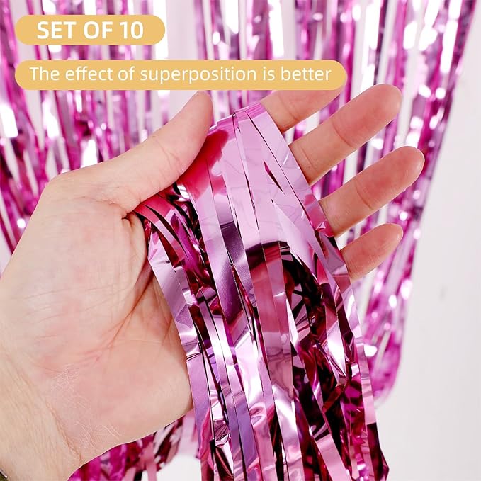 10 Pack Pink Foil Curtain Backdrop 3.2ft x 9.8ft Metallic Tinsel Foil Fringe Curtains Streamer Photo Booth Backdrop for Birthday Party Engagement Bachelorette Party Decorations (Pink)