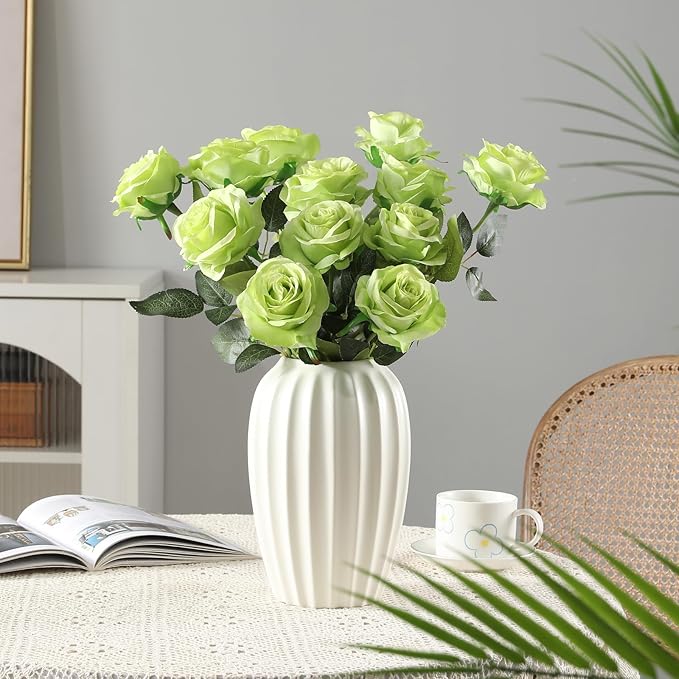 Tifuly Green Roses Artificial Flowers -12Pcs Realistic Single Long Stem Fake Silk Roses Bouquet for Party Home Wedding Centerpiece Hotel Office Decor
