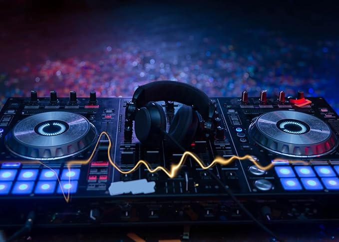 CORFOTO 9x6ft Fabric Dj Mixer with Headphones Backdrop Photography Dj Sound Equipment in Dark Background Musical Dance Disco Party Decorations Live Concert Stage Photoshoot Booth Studio Props
