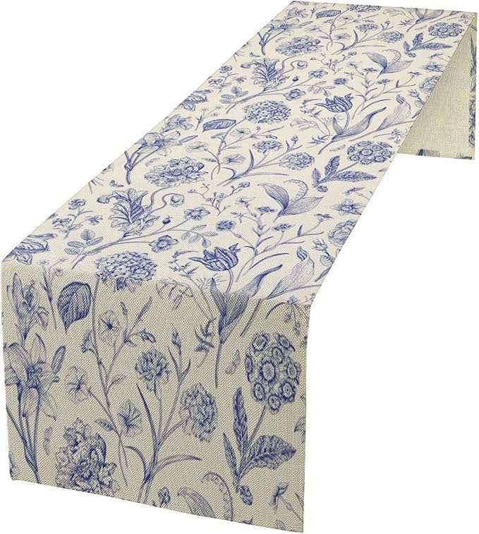 Monochrome Sketch Flowers Table Runner, Seasonal Spring Fall Plants Blue Florals Dinner Runner for Home Kitchen Dining Table Party Holiday Decoration 13"x60"