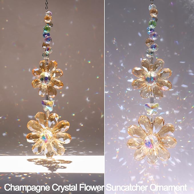 Crystal Flower Suncatcher Hanging Ornament, Rainbow Maker Window Sun Catcher Indoor Outdoor Patio Garden Decor (Gold)